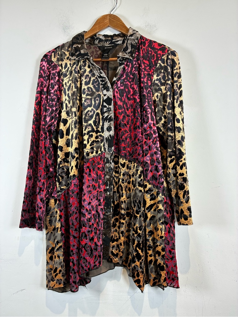 Ali Miles Leopard Patchwork Button-Front Tunic, Size L